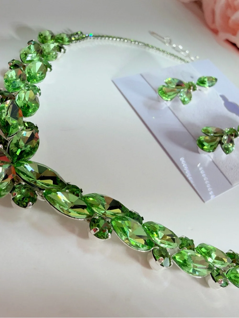Green Crystal Teardrop Necklace and Earring Set